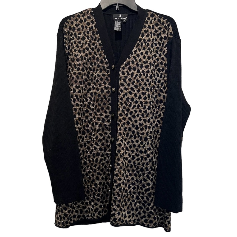 Carole Little Long Line Cardigan Black Gold Metallic Leopard Print Mob Wife 1X
